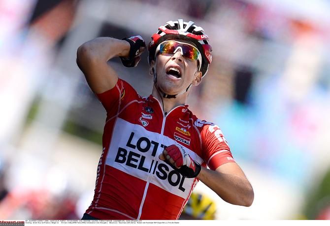 Tony Gallopin (Lotto Belisol) celebrates his first Tour de France stage victory in Oyonnax