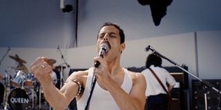 Rami Malek as Freddie Mercury performing at Live Aid in 1985 in the film Bohemian Rhapsody