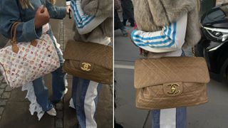 two women in Copenhagen Fashion Week street style carrying archival Louis Vuitton and Chanel bags