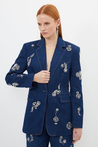 Karen Millen Embellished Denim Single Breasted Blazer