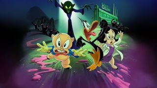 Funny cartoon animals flee from a spooky alien being