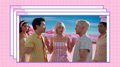 (L-r) EMMA MACKEY as Barbie, SIMU LIU as Ken, MARGOT ROBBIE as Barbie, RYAN GOSLING as Ken and KINGSLEY BEN-ADIR as Ken in Warner Bros. Pictures’ “BARBIE"/ in a pink template