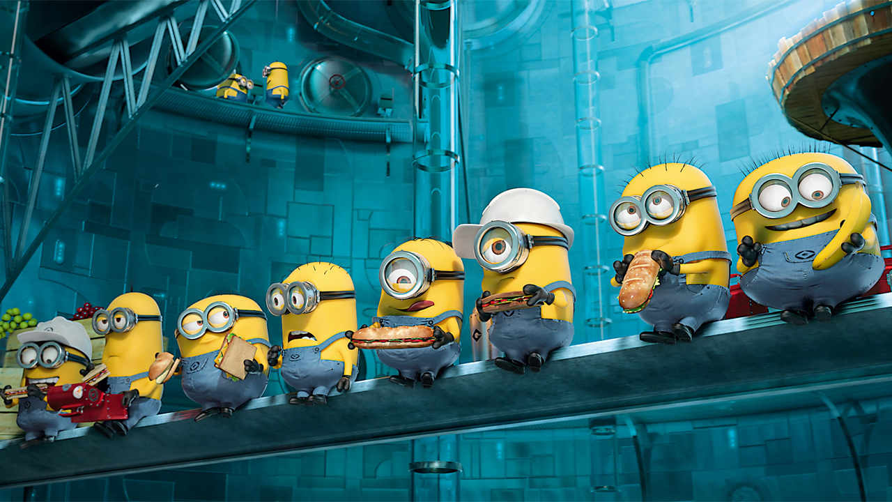 Minions eating in a row in Despicable Me 2