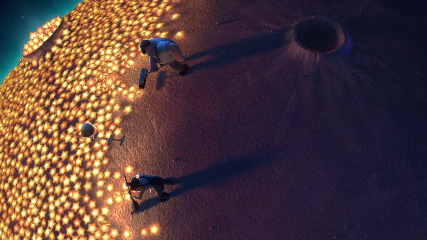 However from animated pixar short la space, showing a boy and two old men cleaning the stars from the moon face.