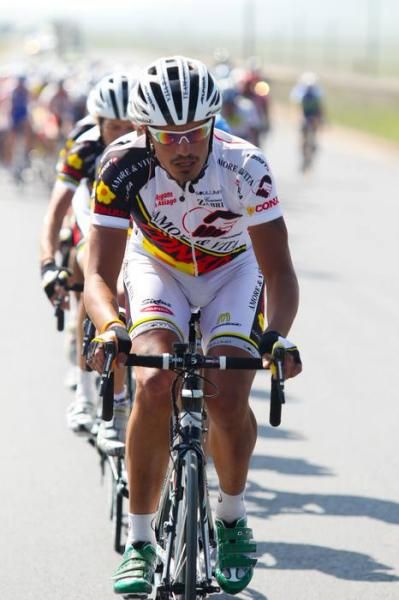 Sergiy Grechyn (Amore &amp; Vita) led the peleton early on before the first KOM of the day.