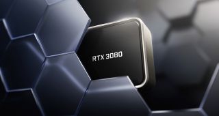 Nahaufnahme der RTX 3080 hinter einer wabenförmigen Glaswand