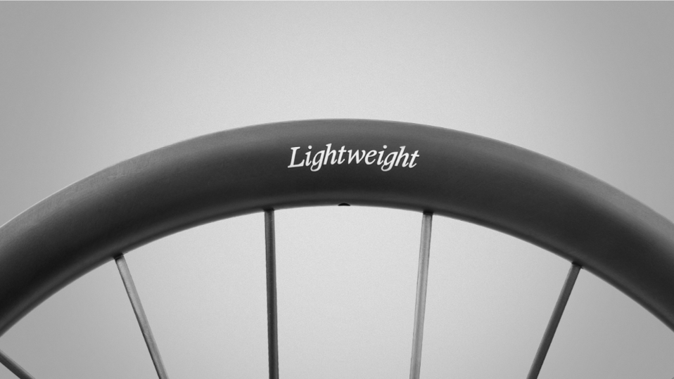 A lightweight wheel with white decal