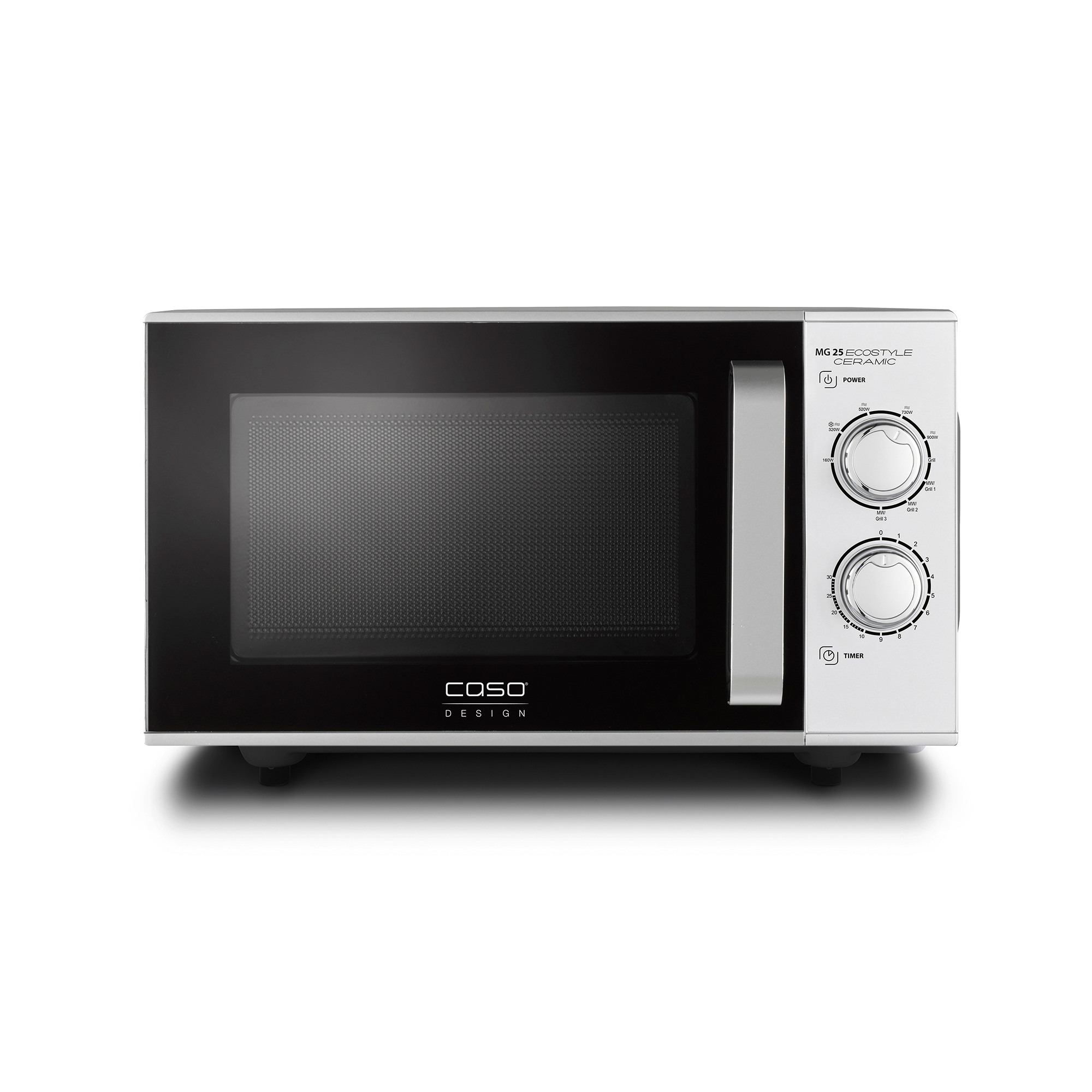 Silver CASO microwave on white background with two dial controls on the right hand side