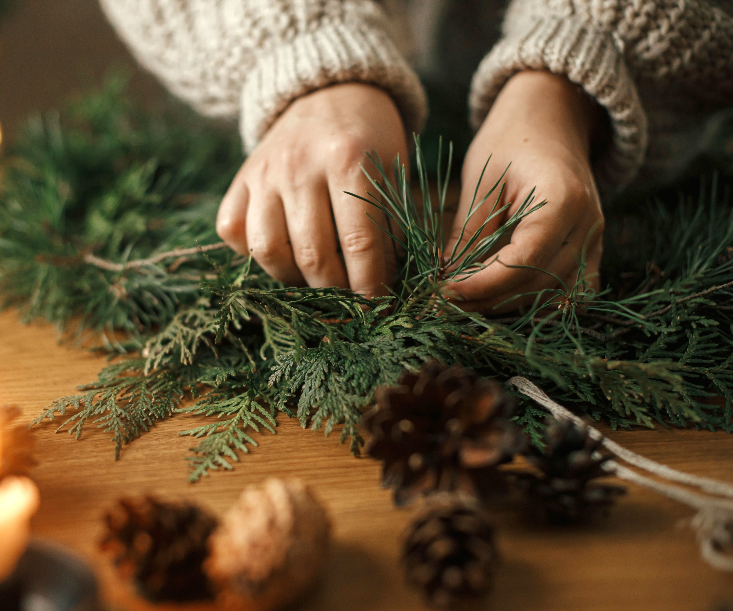 Christmas tree garland being made with tree cuttings