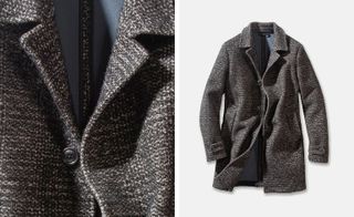 Two images. Left, close up view of a dark fabric jacket. Right, a dark fabric jacket.