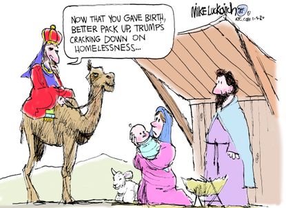 Political Cartoon U.S. Nativity Scene Homeless Crisis Trump