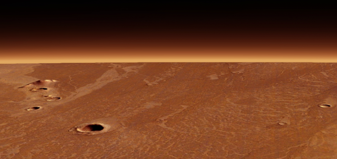 a high-up view of the surface of mars with a black sky and orange red horizon