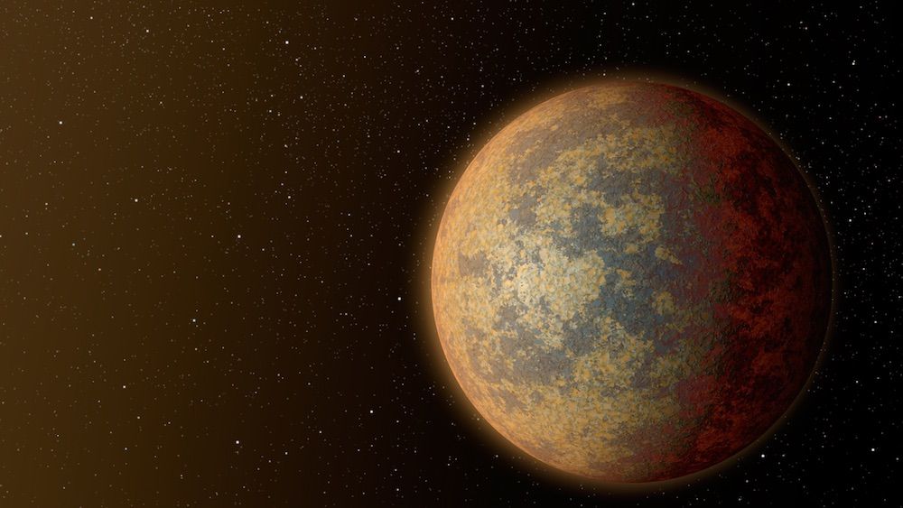 An artist&#039;s conception of the planet HD 219134b, one of the nearest rocky exoplanets to our solar system. This planet, which is about 1.6 times as big as Earth, is blazing hot, with a partially molten surface.