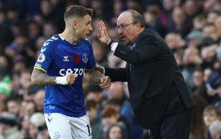 Everton manager Rafael Benitez issues instructions to defender Lucas Digne