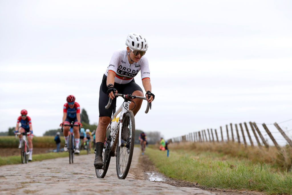 ROUBAIX FRANCE OCTOBER 02 Maria Martins of Portugal and Team DropsLe Col Supported By Tempur competes through cobblestones sector during the 1st ParisRoubaix 2021 Womens Elite a 1164km race from Denain to Roubaix ParisRoubaixFemmes ParisRoubaix on October 02 2021 in Roubaix France Photo by Bas CzerwinskiGetty Images
