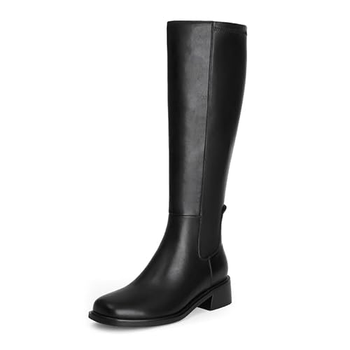 Qiy Tall Black Boots for Women Knee-High Boots Black Long Boot for Women Dress Square Toe Heeled Low Heel Flat Fall Leather Below Knee Boot Size 7.5