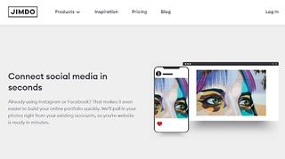 Jimdo review: screenshot from website with text that reads connect social media in seconds