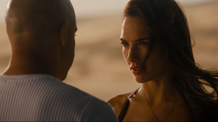 Gal Gadot looking at Vin Diesel in Fast &amp; Furious