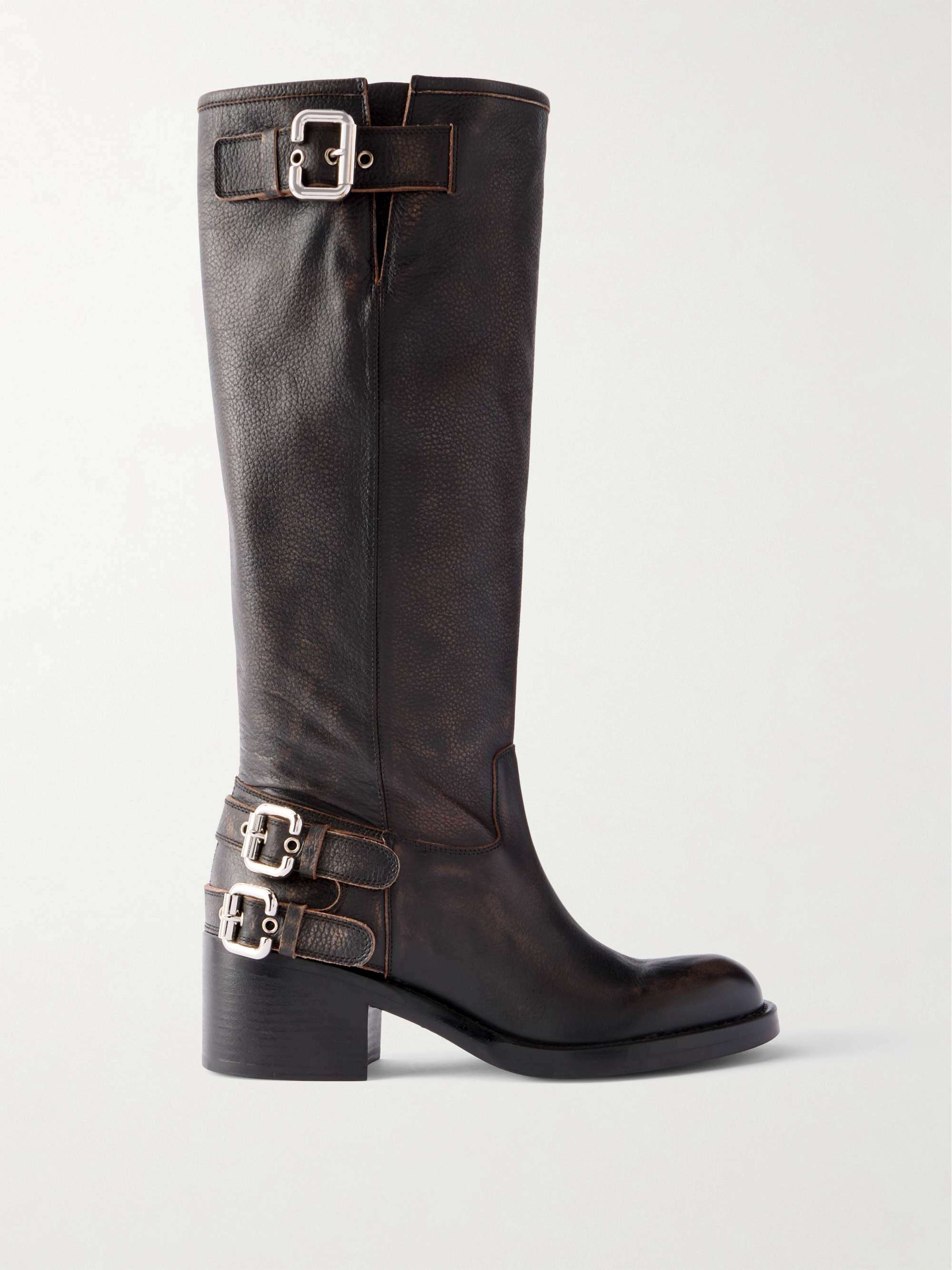 New Bikers Buckled Textured-Leather Boots