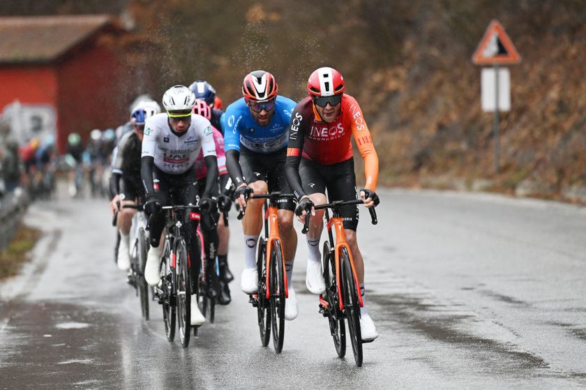 COLFIORITO ITALY MARCH 12 LR Juan Ayuso Pesquera of Spain and UAE Team Emirates XRG White best young jersey Filippo Ganna of Italy Blue Leader Jersey and Laurens De Plus of Belgium and Team INEOS Grenadiers lead the peloton during to the 60th TirrenoAdriatico 2025 Stage 3 a 239km stage from Follonica to Colfiorito UCIWT on March 12 2025 in Colfiorito Italy Photo by Tim de WaeleGetty Images