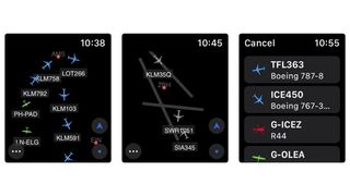 Skjermbilder fra appen PlaneWatcher på Apple Watch.