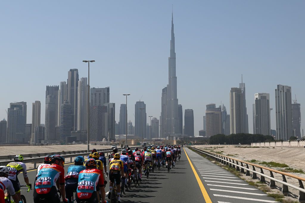 DUBAI HARBOUR UNITED ARAB EMIRATES FEBRUARY 23 A general view of the peloton competing during the 5th UAE Tour Stage 4 a 174km stage from Al Shindagha to Dubai Harbour UAETour UCIWT on February 23 2023 in Dubai Harbour United Arab Emirates Photo by Dario BelingheriGetty Images