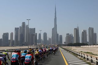 DUBAI HARBOUR UNITED ARAB EMIRATES FEBRUARY 23 A general view of the peloton competing during the 5th UAE Tour Stage 4 a 174km stage from Al Shindagha to Dubai Harbour UAETour UCIWT on February 23 2023 in Dubai Harbour United Arab Emirates Photo by Dario BelingheriGetty Images