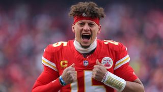 Patrick Mahomes #15 of the Kansas City Chiefs reacts prior to the AFC Divisional Playoff against the Houston Texans at GEHA Field at Arrowhead Stadium on January 18, 2025 in Kansas City, Missouri. 