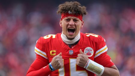Patrick Mahomes #15 of the Kansas City Chiefs reacts prior to the AFC Divisional Playoff against the Houston Texans at GEHA Field at Arrowhead Stadium on January 18, 2025 in Kansas City, Missouri. 