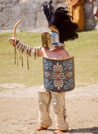 This picture shows a modern-day re-creation of a Thraex gladiator about to compete in a mock fight in Austria.