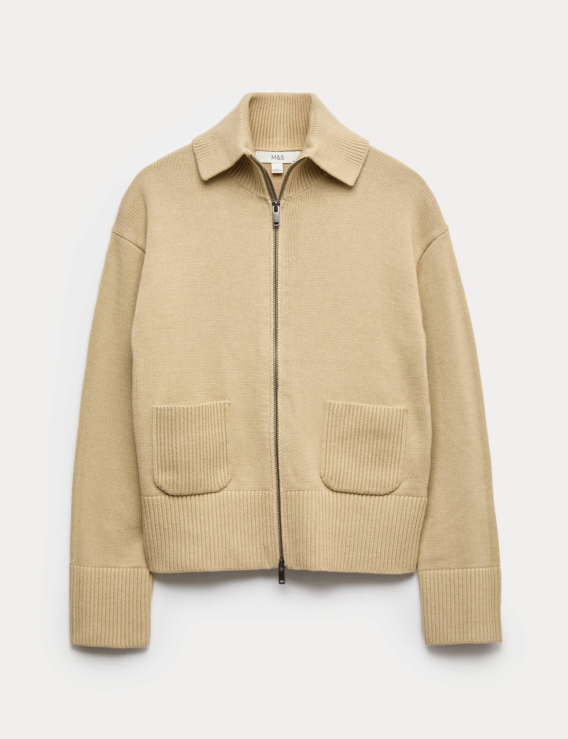 Cotton Rich Pocket Detail Collared Knitted Jacket