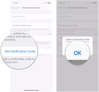 2FA for Apple ID showing the steps to Tap Get Verification Code, tap OK