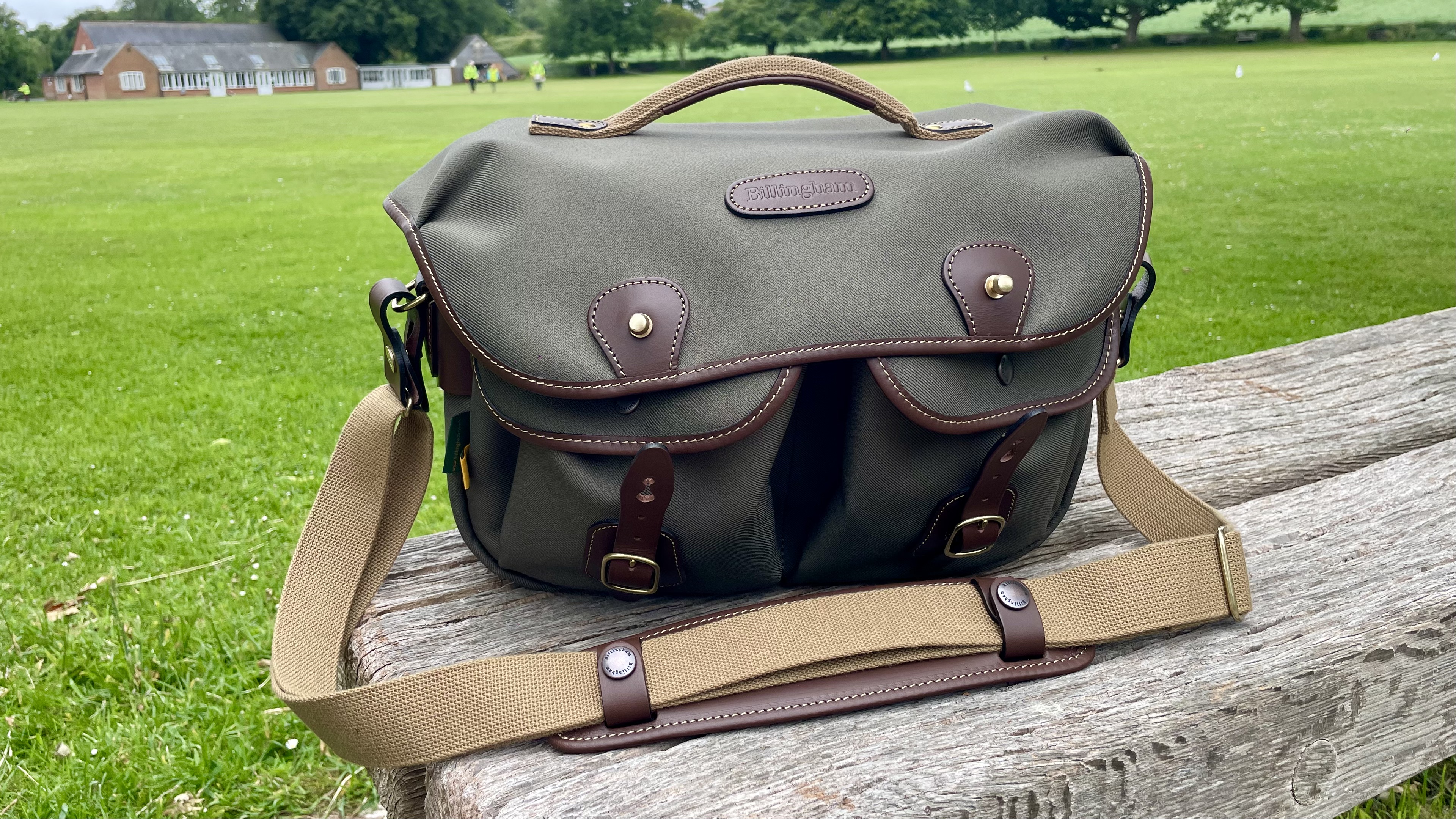 Billingham Hadley Pro 2020 camera bag outdoors on a park bench