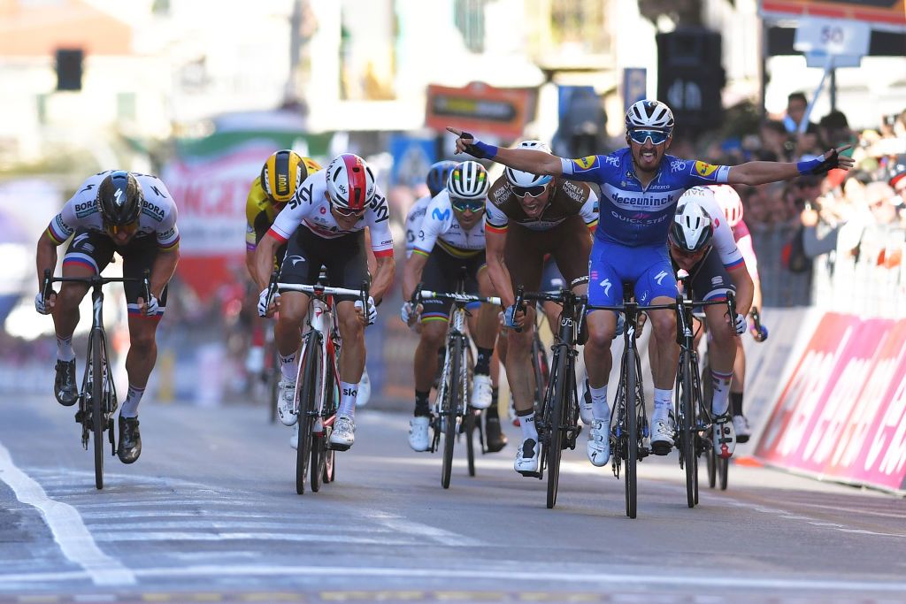 SANREMO ITALY MARCH 23 Arrival Peter Sagan of Slovakia and Team BoraHansgrohe Michal Kwiatkowski of Poland and Team Sky Wout Van Aert of Belgium and Team JumboVisma Oliver Naesen of Belgium and Team AG2R La Mondiale Julian Alaphilippe of France and Team Deceuninck Quick Step Celebration Alejandro Valverde Belmonte of Spain and Movistar Team Matej Mohoric of Slovenia and Team BahrainMerida during the 110th MilanSanremo 2019 a 291km race from Milan to Sanremo MilanSanremo on March 23 2019 in Sanremo Italy Photo by Tim de WaeleGetty Images