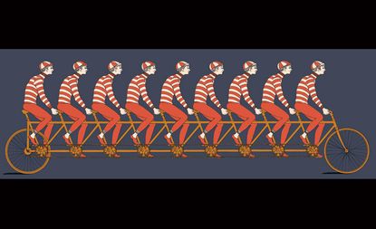 Nine-cyclists on a multi-saddled bicycle