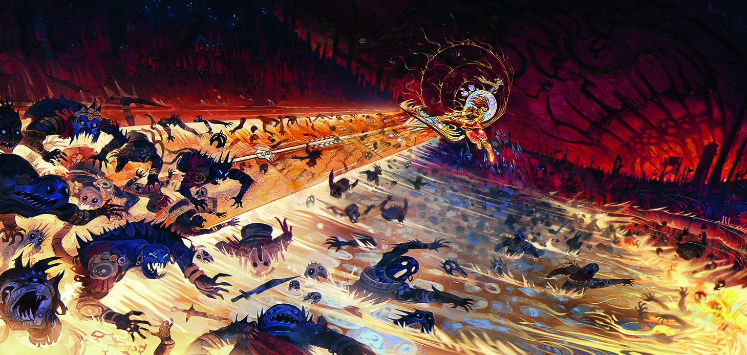 2D art; monsters fight in fiery liquid