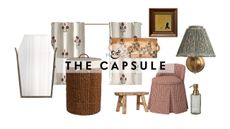 Bathroom decor that doesn't look like bathroom decor, including a characterful angled mirror, woven hamper, block printed cafe curtain duo, painted ceramic tray, vintage wooden stool, gingham skirted vanity chair, antique-inspired artwork, wall sconce with a pleated shade, and green glass soap pump