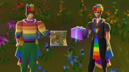 Old School RuneScape characters in rainbow outfits