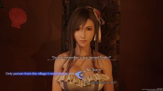 Final Fantasy 7 Rebirth Romance Guide - Tifa when she asks about Emilio, choose "Only person I remember from the village is you."