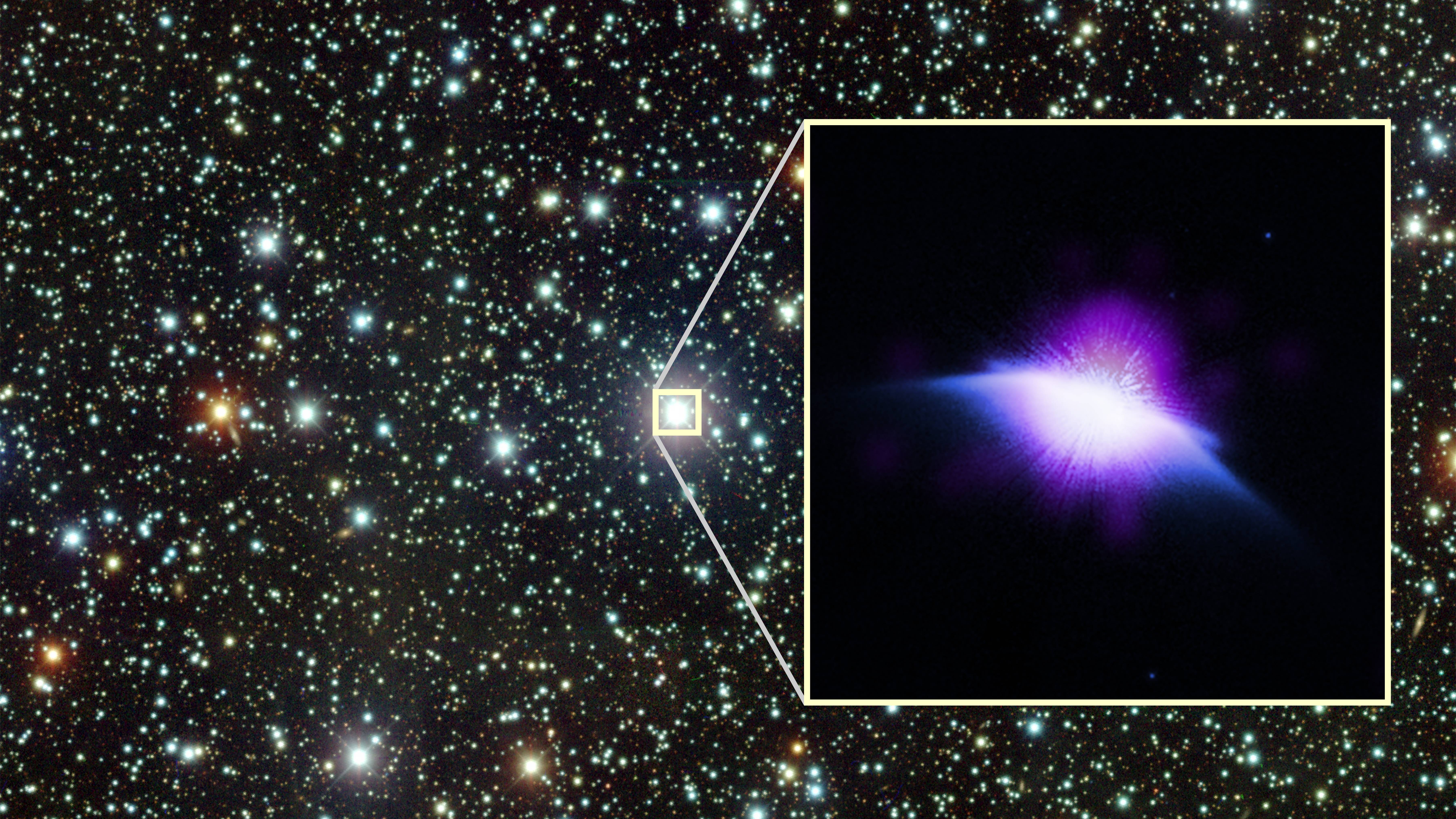 A star blowing a purple, wedge-shaped bubble in space
