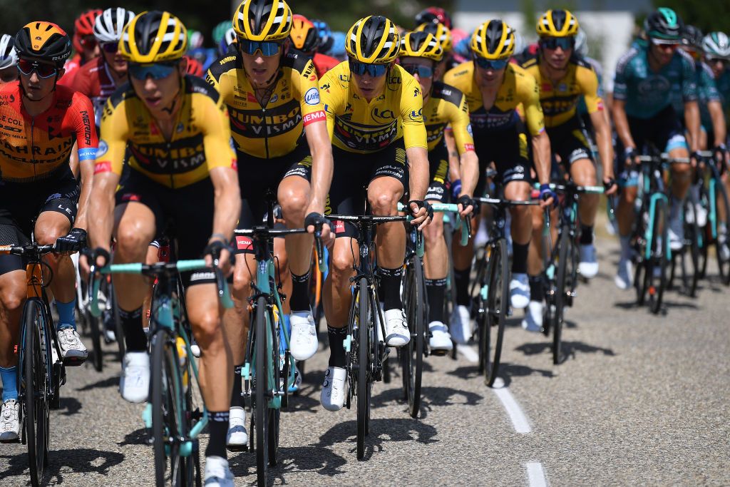 CHARTREUSE FRANCE AUGUST 13 Wout Van Aert of Belgium and Team Jumbo Visma Yellow Leader Jersey Peloton during the 72nd Criterium du Dauphine 2020 Stage 2 a 135km stage from Vienne to Col de PorteChartreuse 1316m dauphine Dauphin on August 13 2020 in Chartreuse France Photo by Justin SetterfieldGetty Images