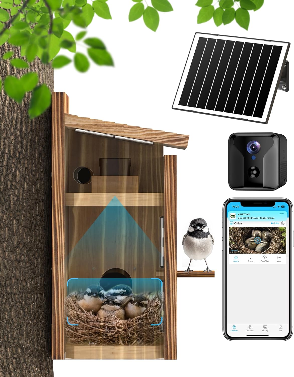 Kinetcam Bird House With Camera Solar Powered,2k Hd Wi-Fi Bird Watching, Auto Detect&amp;amp;notify, Night Vision, App Control, Birdhouse for Birds Nesting, Wooden Birdhouse With Camera Inside (solar-Powered)
