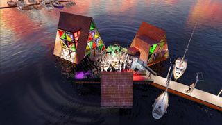 Floating platforms with lights & crowds of people