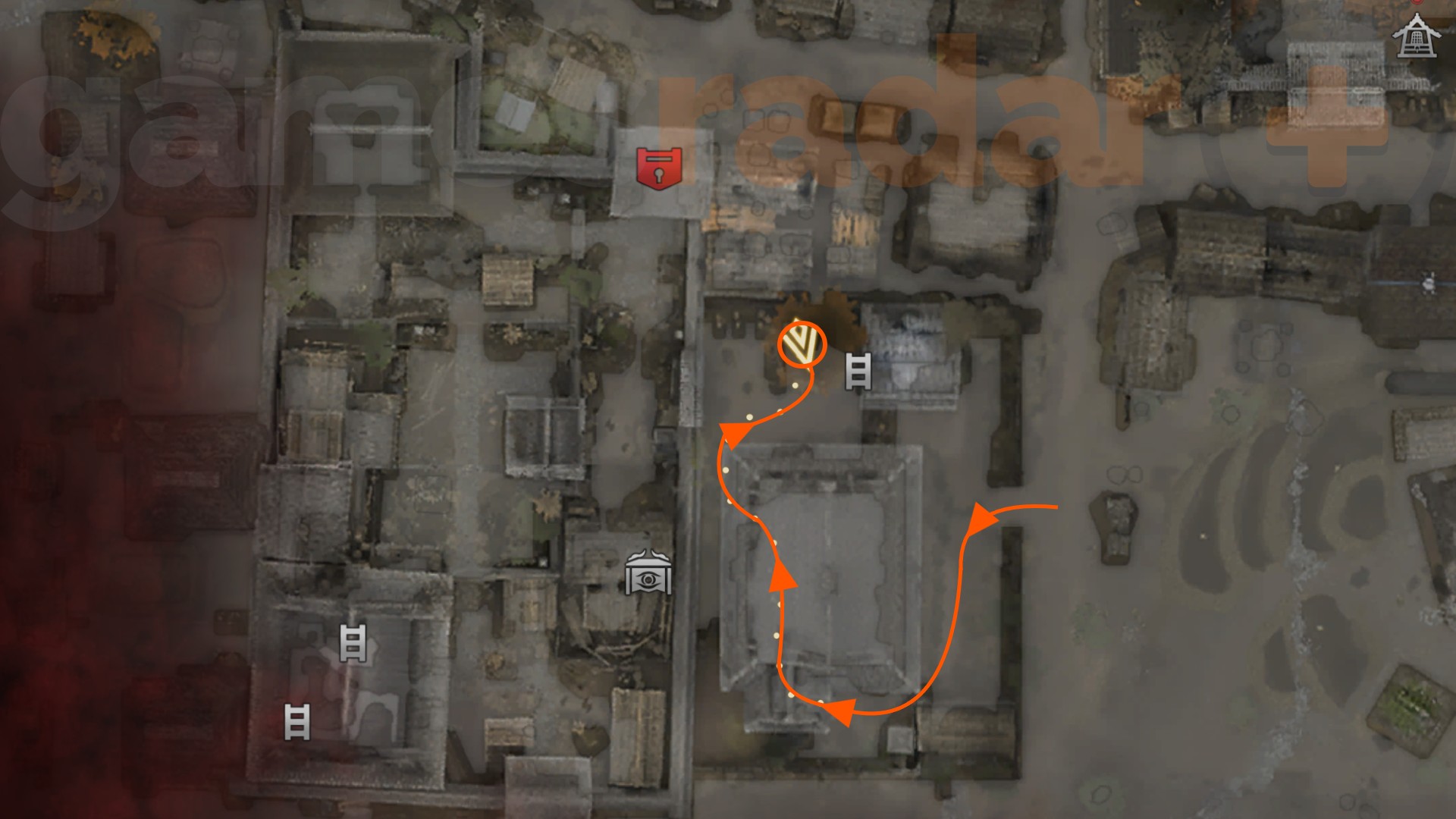 The route to finding the third of the Onimusha Way of the Sword Stout Pillars marked on the in-game map.