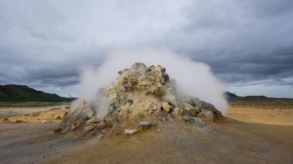 An active fumerole in Iceland spews hydrogen sulfide gas.