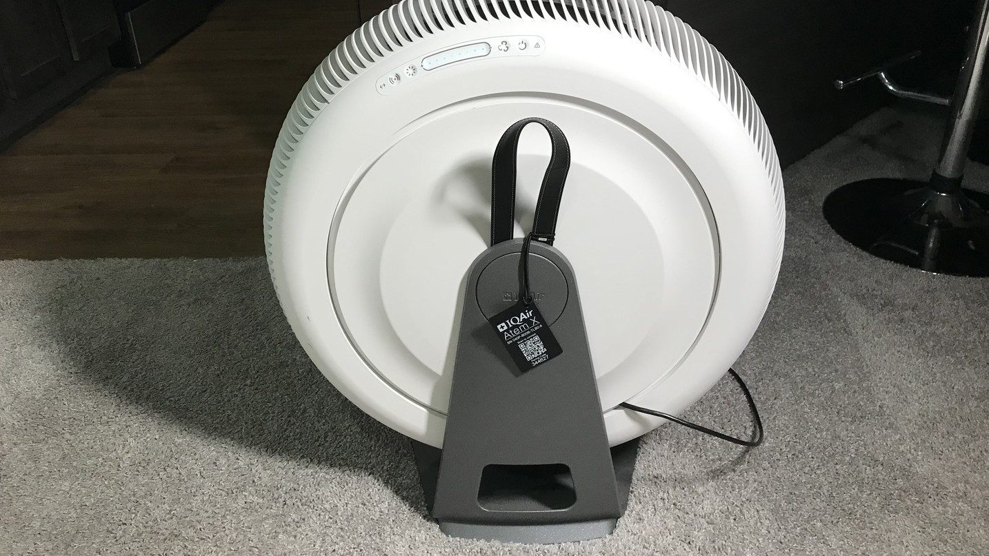 Back of IQAir Atem X purifier, with stand and strap visible