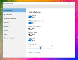 Samsung Settings application lets you do some advanced configuration for unique features of the Notebook 9.