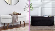 Bedroom storage bench: white linen bench on wooden legs beside black rounded bench