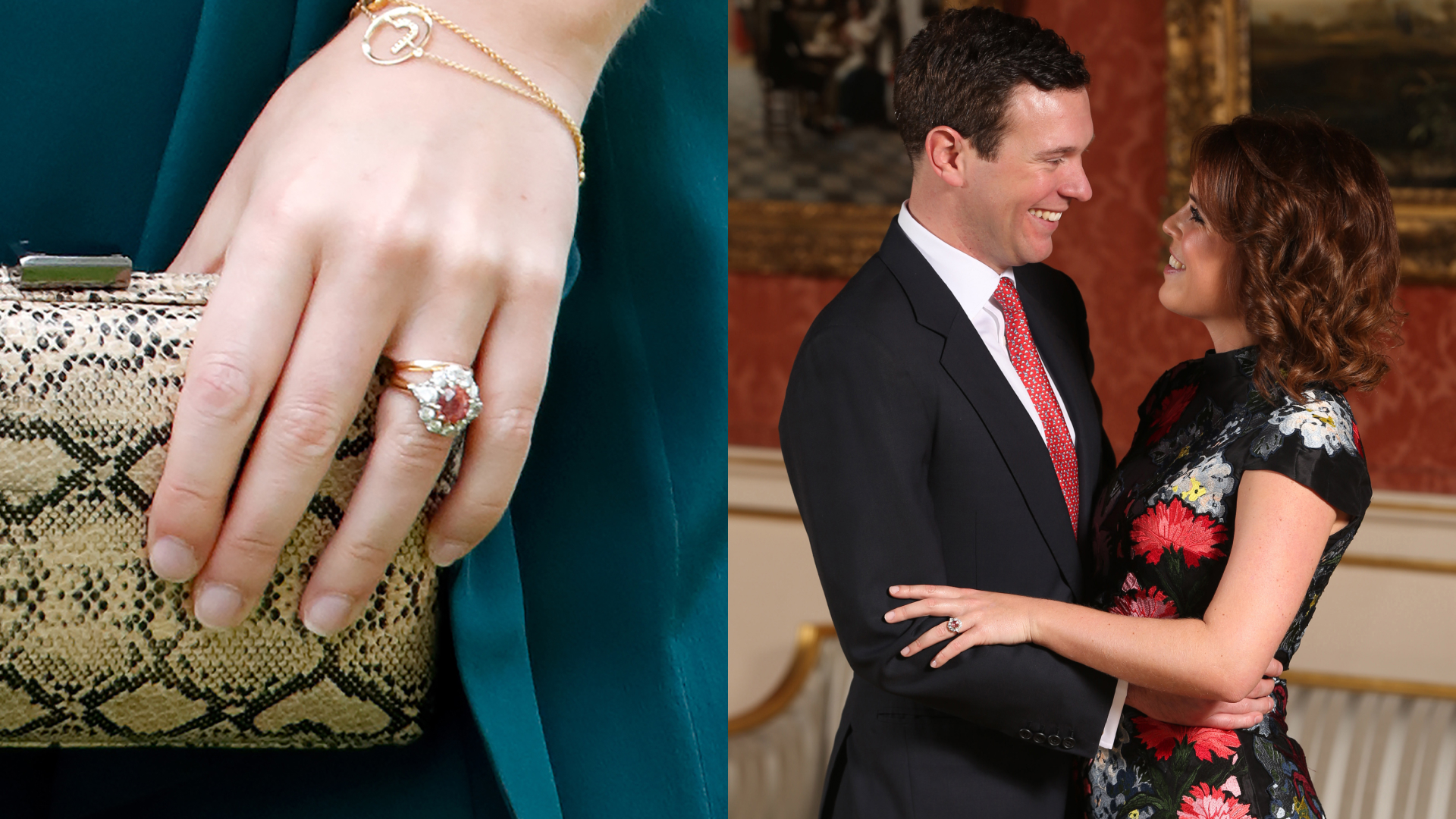 A closeup of Princess Eugenie's hand wearing a pink engagement ring; Princess Eugenie and Jack Brooksbank hugging on their engagement announcement day