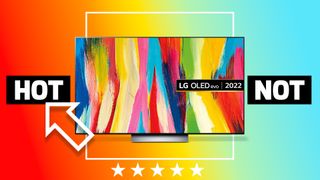 LG C2 OLED TV on gradiant background with hot or not text 